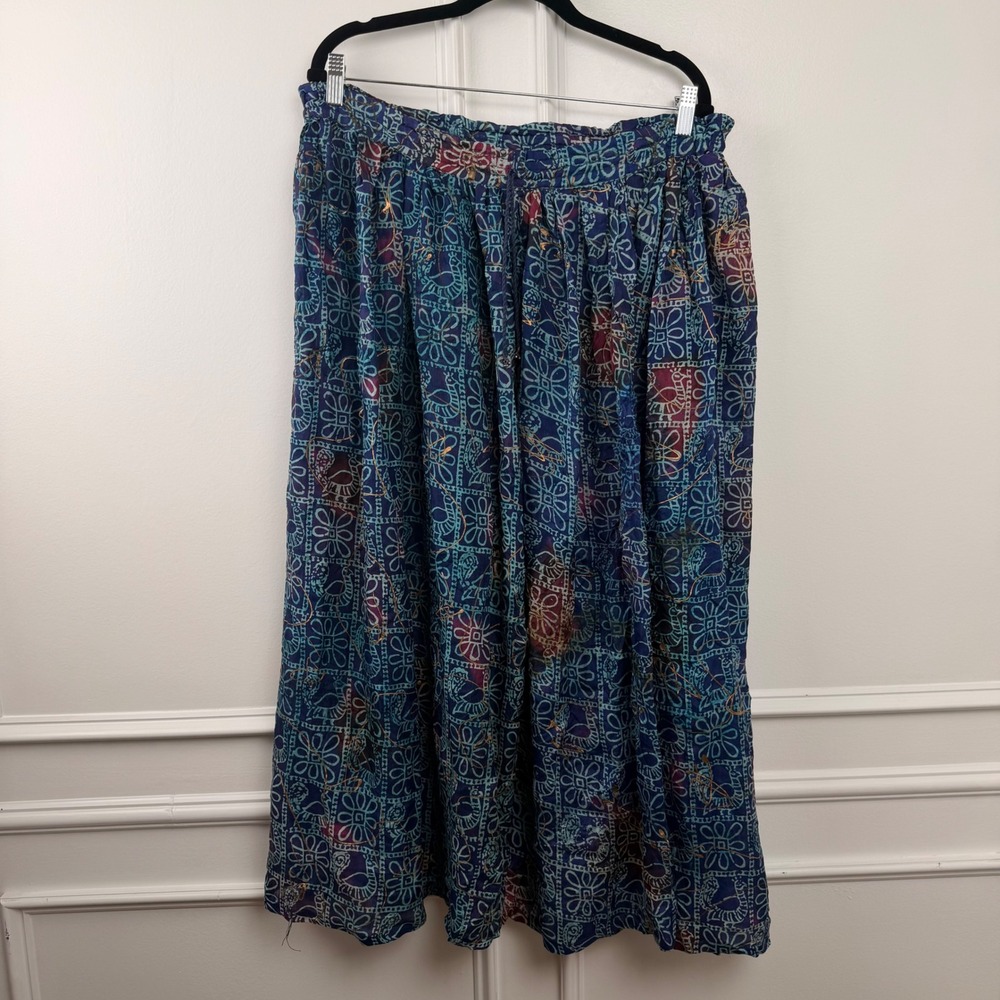 Passport Pier 1 Imports Vintage 100% Silk Midi Skirt Blue Purple Patterned L